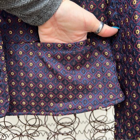 Free People Shrunken Jacquard Jacket Blazer Navy Maroon Geometric SMALL - Picture 7 of 11